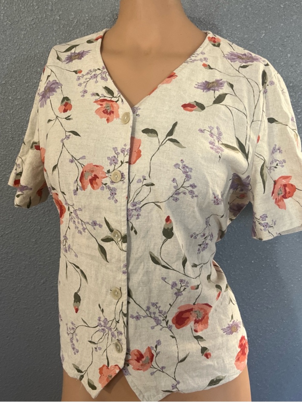 Requirements Linen Cream Floral Button-Front Top with Coral and Lavender